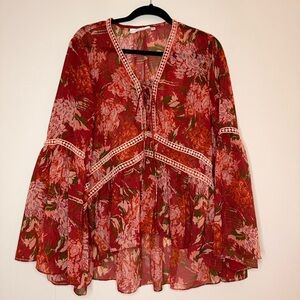 LA BELLUM HILLARY SCOTT Boho Red Floral Sheer Bell Sleeves Peasant Blouse Top